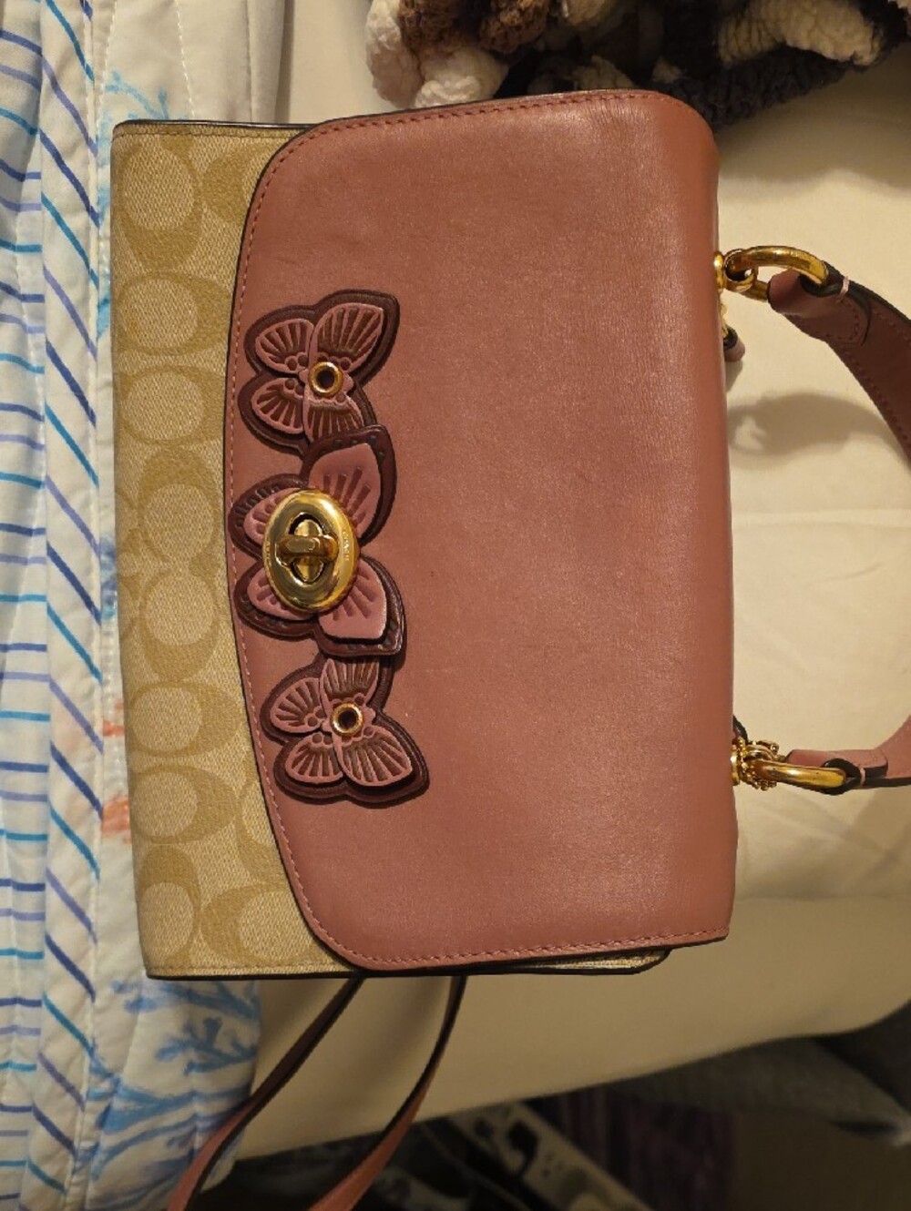 Coach Pink Leather & Signature Canvas Satchel with Butterfly Accents - Picture 2 of 12